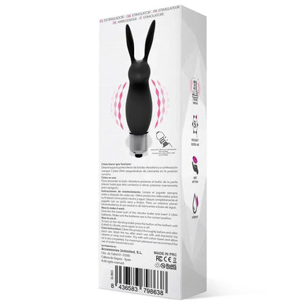 Box of Hopye Rabbit Vibrating Bullet Silicone Black with soft silicone shell and rabbit ears for precise stimulation