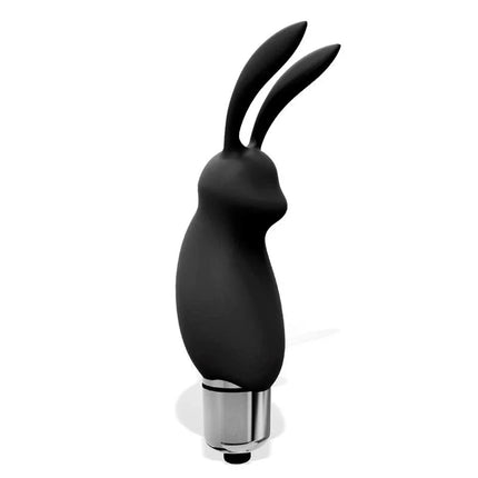 Hopye Rabbit Vibrating Bullet Silicone Black toy with rabbit ears designed for precise stimulation, featuring a soft silicone texture.