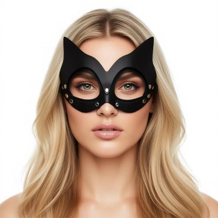 Woman wearing Kaissy Cat Mask Adjustable in black, featuring cat ears and adjustable straps for secure fit, ideal for BDSM enthusiasts.