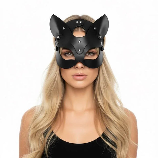 Model wearing an elegant Foxssy Mask Adjustable, a handcrafted BDSM fox-shaped mask, designed for dark pleasure and mystery.