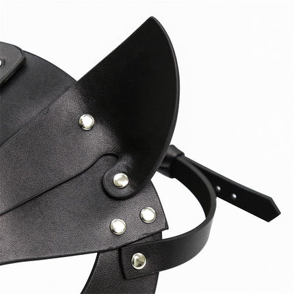 Close-up of Foxssy Mask Adjustable with black fox-shaped design, highlighting high-quality fabric and comfortable straps for BDSM enthusiasts.
