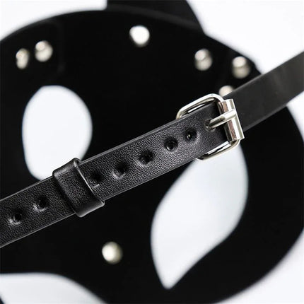 Foxssy Mask Adjustable - close-up of handcrafted black fox-shaped BDSM mask with adjustable strap and high-quality materials.