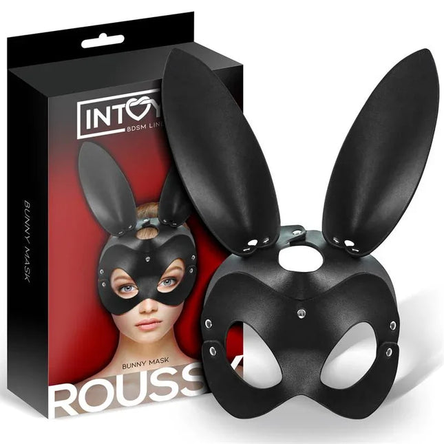 Roussy Bunny Mask Adjustable in packaging, featuring high-quality BDSM accessories with unique bunny-shaped design for sensual experiences.