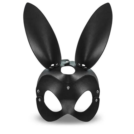 Roussy Bunny Mask Adjustable in black with long ears, perfect for BDSM enthusiasts seeking a bold addition to their collection.