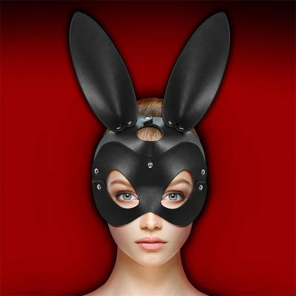 Roussy Bunny Mask Adjustable, elegant bunny-shaped BDSM mask with long ears in black, designed for sensual and intense experiences.