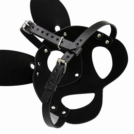 Roussy Bunny Mask Adjustable in black leather with straps and buckles, BDSM collection, sensual and handmade design