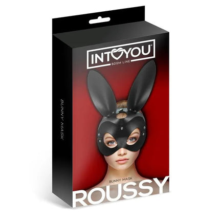 Roussy Bunny Mask Adjustable in packaging, BDSM collection, sensual black bunny-shaped mask, high-quality fabrics.