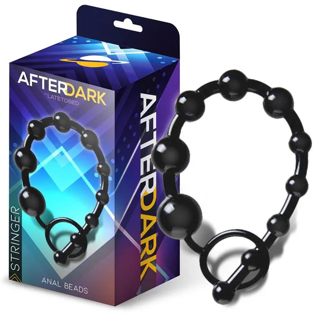 Stringer Anal Beads 30 cm by Afterdark in black polymer with progressive bead sizes for enhanced pleasure, shown in retail packaging.