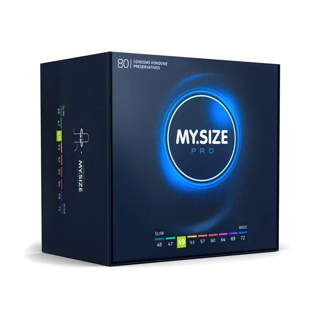 My Size Pro Size 49 Box of 80 Units, ultra-thin condoms for a precise fit, featuring a range of widths for personalized comfort.