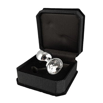 Plug XS with Cristal 5,7 cm in a black gift box, featuring a steel body with a crystal glass accent, designed for precise stimulation.