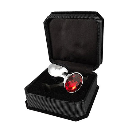 Plug with Cristal 5,7 cm luxury steel anal plug with red glass inset displayed in a black gift box