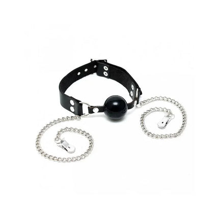Mouthgag with nipple clamps-Adjustable BDSM kit featuring a silicone ball gag and metal nipple clamps connected by chains.