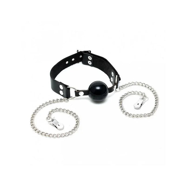 Mouthgag with nipple clamps-Adjustable BDSM kit featuring a silicone ball gag and metal nipple clamps connected by chains.