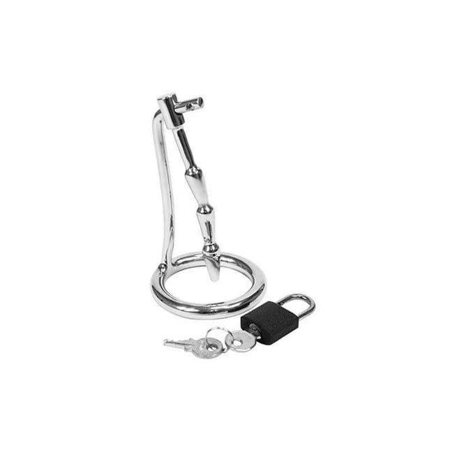 Stainless steel Penis Plug Chastity device with padlock and keys, designed for secure and controlled BDSM experiences.