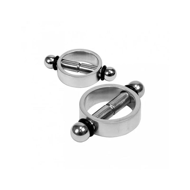 Silver metal magnetic nipple clamps with secure magnetic mechanism for BDSM play.