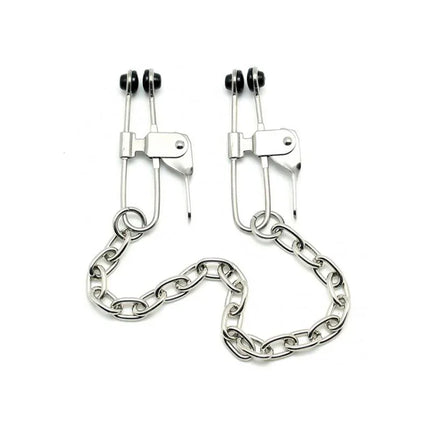 Silver metal nipple clamps with chain-linked design for BDSM play. Durable, precise control for erect nipples. Weight: 118g.