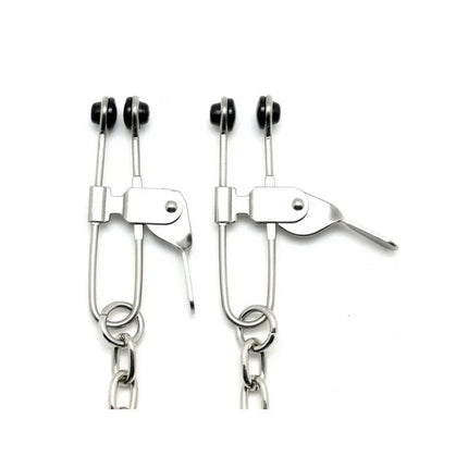 Nipple clamps with chain-linked design for BDSM play, silver metal, durable and adjustable for erect nipple stimulation.