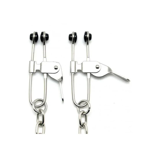 Nipple clamps with chain-linked design for BDSM play, silver metal, durable and adjustable for erect nipple stimulation.