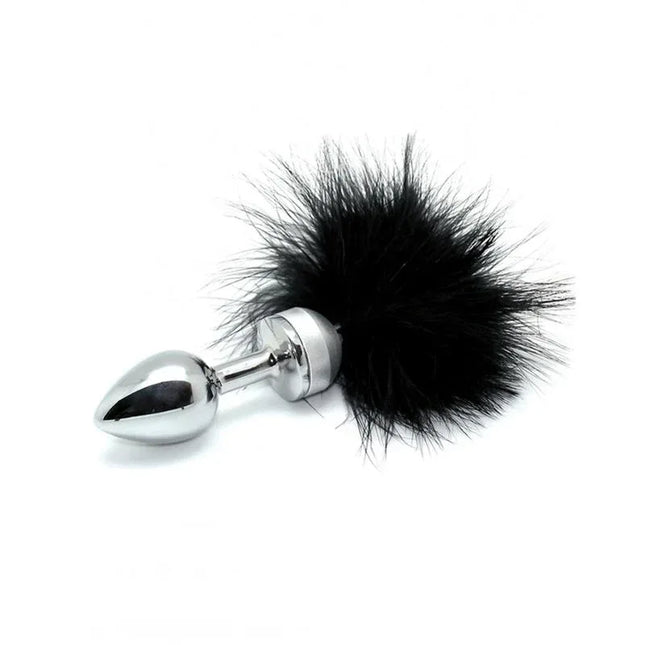 Butt plug Smal with black feather, stainless steel anal plug with black feather pom-pom for sensory play, BDSM toy.
