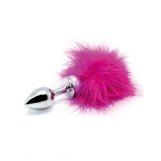 Butt plug Small with pink feather made of stainless steel and decorative pink feather pompom, ideal for beginners.