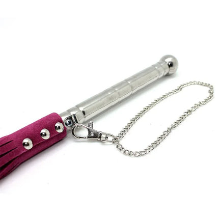Flogger Pink 52 cm premium leather BDSM flogger with silver handle and chain for sensation play