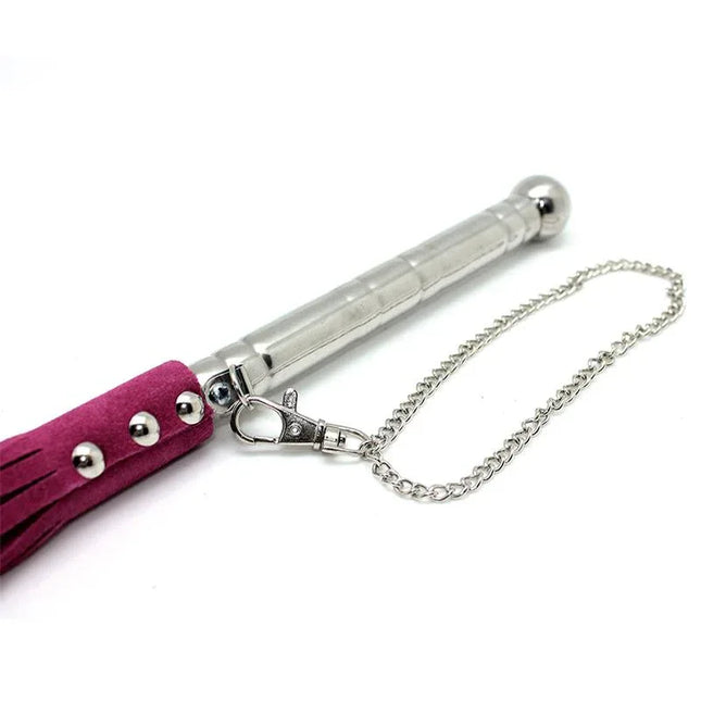 Flogger Pink 52 cm premium leather BDSM flogger with silver handle and chain for sensation play