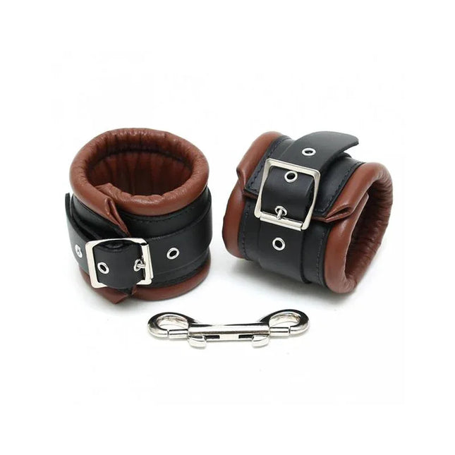 Feet Cuffs LUX 7 CM premium leather ankle restraints in black and brown with metal buckle and clip for BDSM play