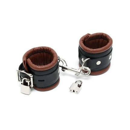Hand Cuffs LUX 7 CM with Padlocks in black and brown premium leather, featuring a secure metal buckle and lock for intimate exploration.