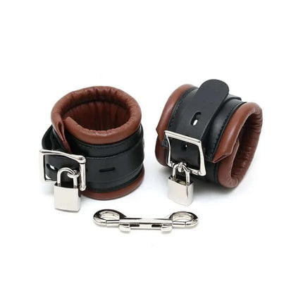 Feet Cuffs LUX 7 CM with Padlocks in black and brown leather with padlocks, featuring adjustable metal buckle for BDSM play.