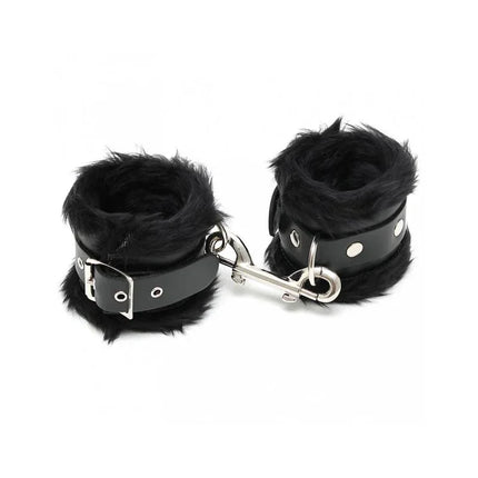 Hand Cuffs LUX 7 CM - Black leather cuffs with metal buckle, interior safety hook, and fur lining for secure and comfortable play.