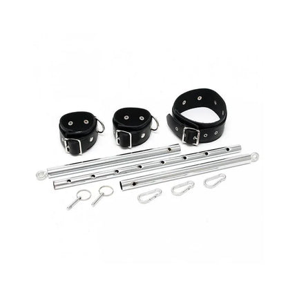 Cuffs with spreadbar set featuring black leather wrist cuffs and silver metal bar for adult play restraint experience.