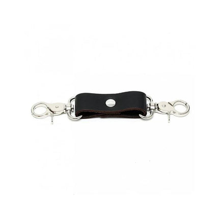 Hogtie 2 Hooks leather and metal restraint accessory with two hooks and black leather strap for BDSM play in black and silver.