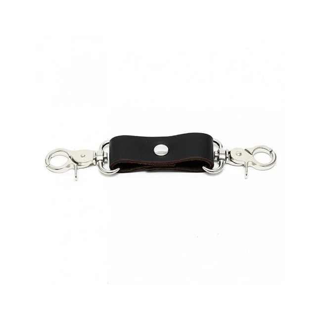 Hogtie 2 Hooks leather and metal restraint accessory with two hooks and black leather strap for BDSM play in black and silver.