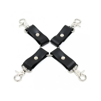 Hogtie 4 Hooks - leather and metal BDSM restraint accessory with four hooks for versatile bondage setups, black and silver design