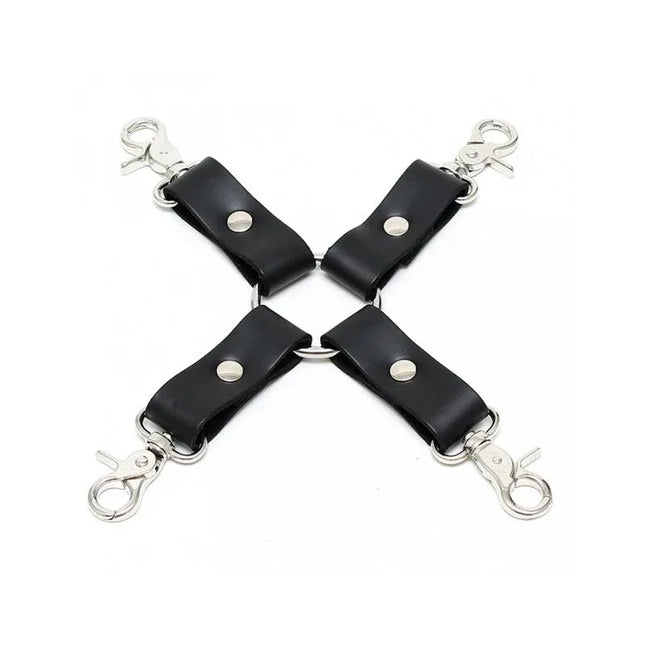 Hogtie 4 Hooks - leather and metal BDSM restraint accessory with four hooks for versatile bondage setups, black and silver design