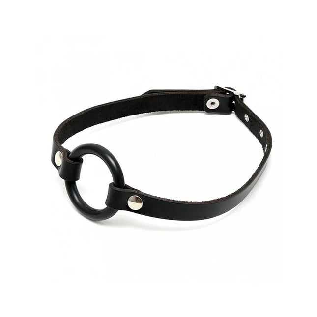 Mouthgag with O-Ring made of black leather with metal buckle for BDSM restraint
