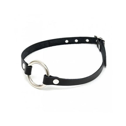 Black leather Mouthgag with O-Ring featuring an adjustable metal buckle for secure BDSM play.