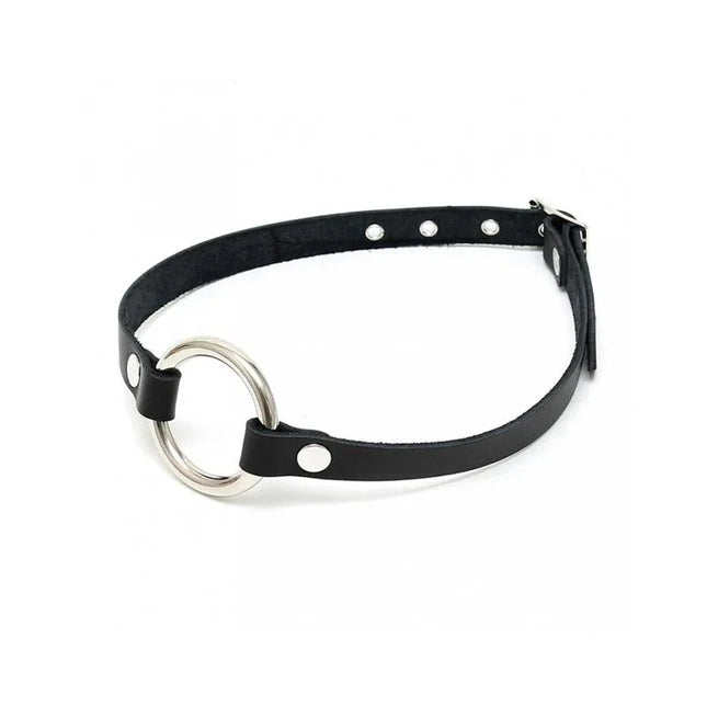 Black leather Mouthgag with O-Ring featuring an adjustable metal buckle for secure BDSM play.