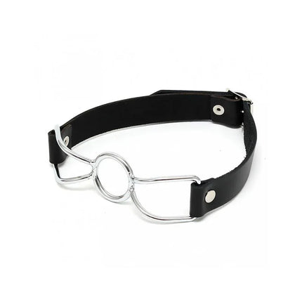 Mouthgag with O-Ring Premium BDSM accessory made from black leather and metal with adjustable buckle for secure, comfortable fit.