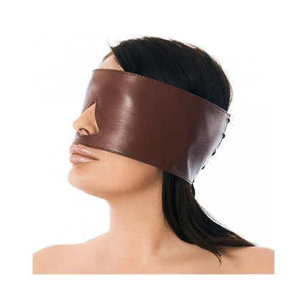 Blindfold Leather Mask in brown on person for sensory deprivation and intimate play, designed with wider silhouette for full coverage.
