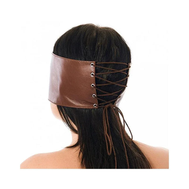 Brown leather Blindfold mask with lace-up back for sensory blackout play.
