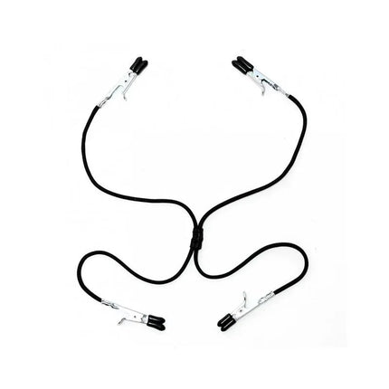 Nipple to Labia Clamps Black Elastic with adjustable metal crocodile clamps and elastic cord for versatile adult play.