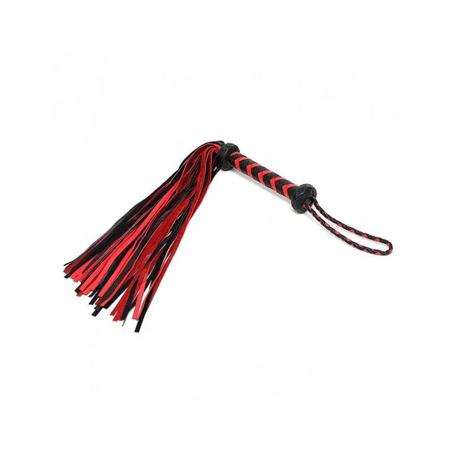 Braided Flogger Leather Black Red with suede strands and braided handle for BDSM play.