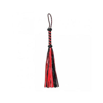Braided Flogger Leather Black Red with 45 suede strands and braided handle for BDSM play.