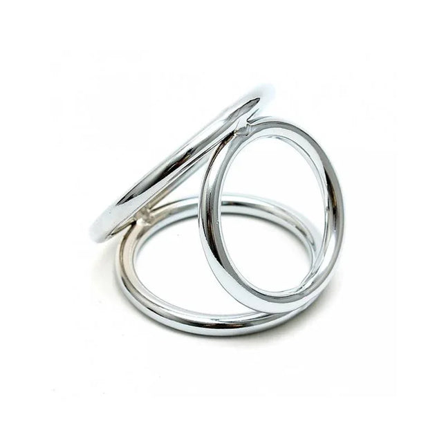 Triangle Cock and Ball Rings connected by a solid metal triangle, offering a precise and secure restraint for BDSM play.