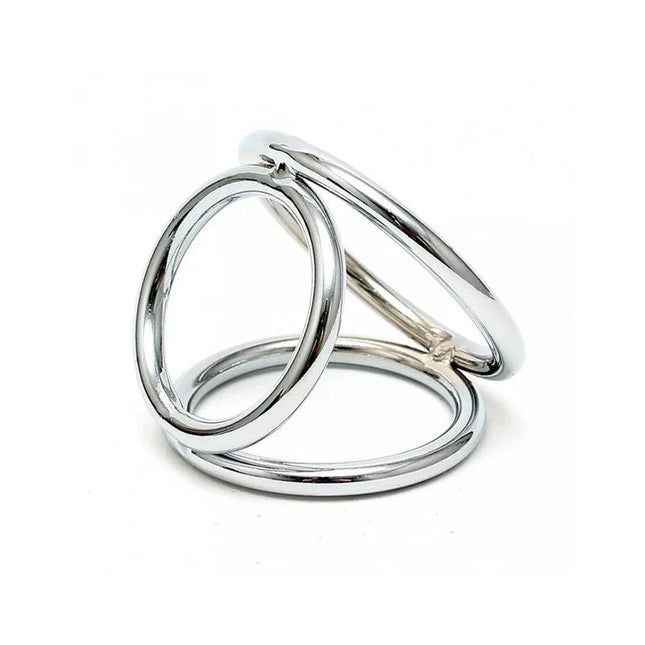 Triangle Cock and Ball Rings made of metal, designed for secure restraint and comfort with interconnected rings and a solid triangle.