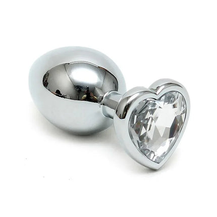 Butt Plug Plated Steel Crystal Heart Transparent with silver finish and heart-shaped crystal for luxury BDSM nights.