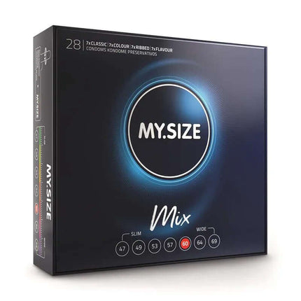 My Size Mix Size 60 Box of 28 Uds condoms variety pack with natural, ribbed, blue-colored, and strawberry-flavored options
