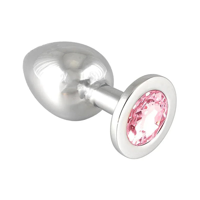 Rimba Bondage Play Plug Metal 9,7 cm, premium stainless steel anal plug with pink glass-inlaid base