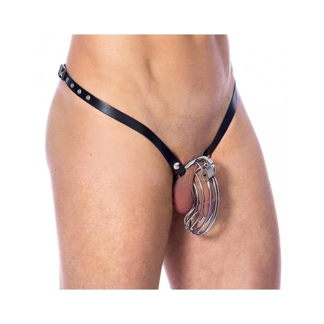 Man wearing cock chastity belt with metal cage and leather adjustable strap, ideal for BDSM play.